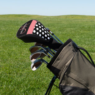 Black White Pink Monogram Script Polka Dot Golf He Head Cover