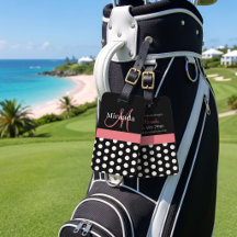 Black White Pink Monogram Script Polka Dot Golf He