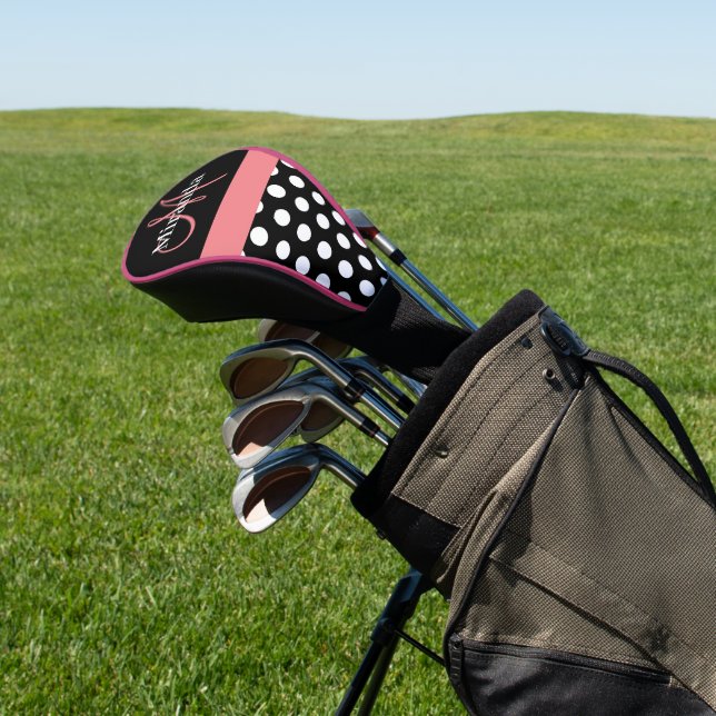 Black White Pink Monogram Script Polka Dot Golf Head Cover (In Situ)