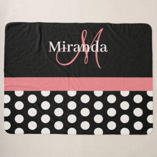 Black White Pink Monogram Script Polka Dot Sherpa Blanket
