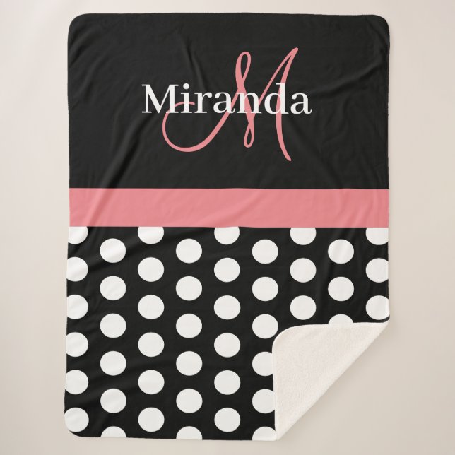 Black White Pink Monogram Script Polka Dot Sherpa  Blanket (Front)
