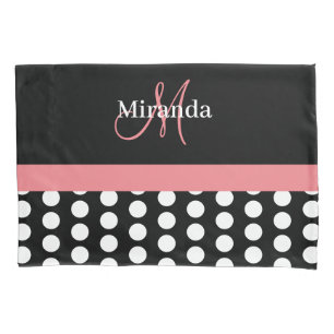 Black White Pink Monogram Script Polka Dot Std Pillow Case