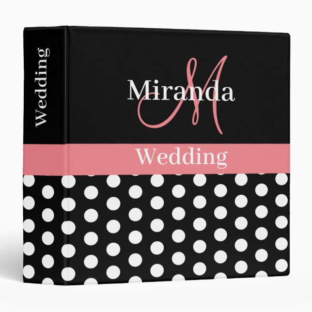 Black White Pink Monogram Script Polka Dot Wedding 3 Ring Binder (Front/Spine)