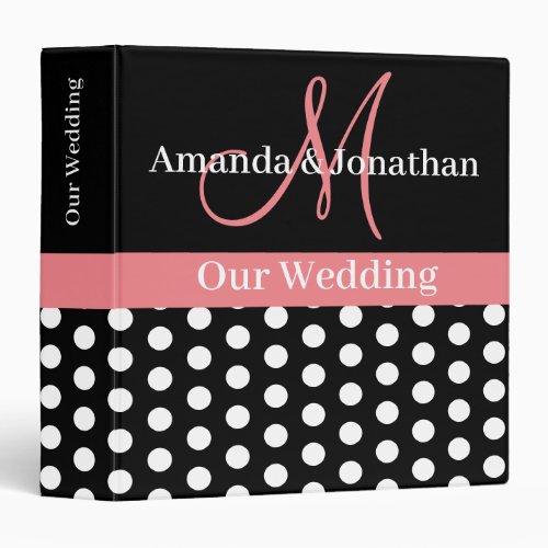 Black White Pink Monogram Script Polka Dot Wedding 3 Ring Binder