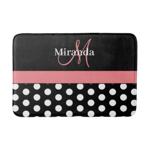 Black White Pink Monogram Script Polka Dots Bath M Bath Mat