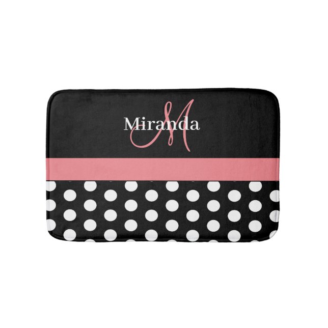 Black White Pink Monogram Script Polka Dots Bath Mat (Front)