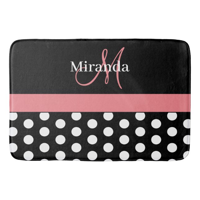 Black White Pink Monogram Script Polka Dots Bath Mat (Front)