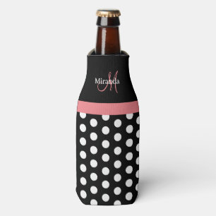 Black White Pink Monogram Script Polka Dots Bottle Cooler
