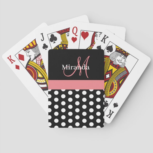 Black White Pink Monogram Script Polka Dots Poker Cards (Back)