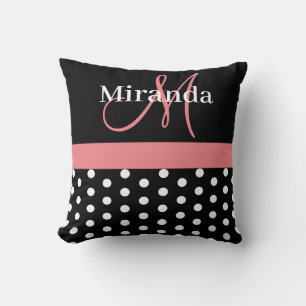 Black White Pink Monogram Script Polka Dots Throw Pillow