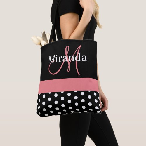 Black White Pink Monogram Script Polka Dots Tote Bag