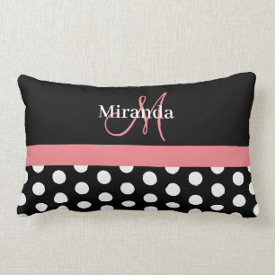 Black White Pink Monogram Script Polka Lumbar Pillow