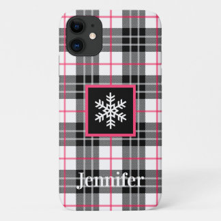 Black, White, Pink Plaid, Snowflake iPhone 11 Case