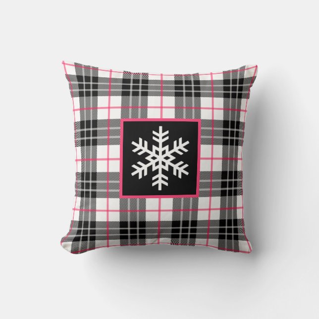 Black, White, Pink Plaid with Snowflake Pillow (Front)