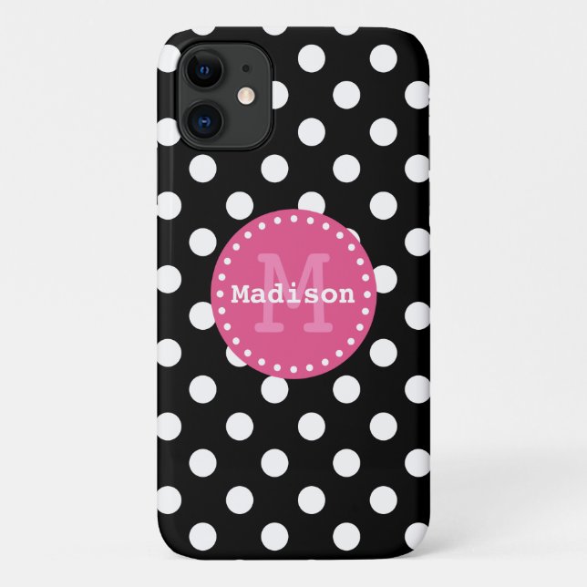 Black White Pink Polka Dots Monogram Case-Mate iPhone Case (Back)