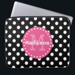 Black White Pink Polka Dots Monogram Laptop Sleeve<br><div class="desc">Cute and girly polka dot pattern in black and white with a trendy pink label frame with white dots,  custom monogram initial letter and personalized name. An elegant customizable gift for a girl or woman that loves elegant geometric patterns that are personalized.</div>