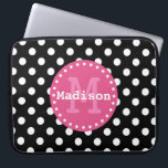 Black White Pink Polka Dots Monogram Laptop Sleeve<br><div class="desc">Cute and girly polka dot pattern in black and white with a trendy pink label frame with white dots,  custom monogram initial letter and personalized name. An elegant customizable gift for a girl or woman that loves elegant geometric patterns that are personalized.</div>