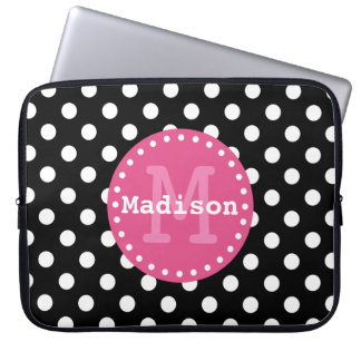 Black White Pink Polka Dots Monogram Laptop Sleeve