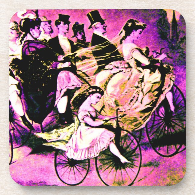 BLACK WHITE PINK PURPLE BICYCLE WEDDING PARTY COASTER (Front)