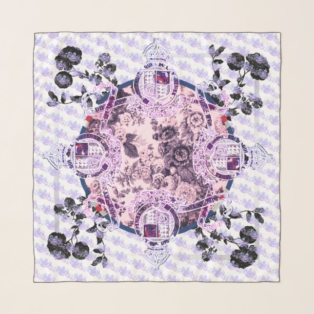 Black White Pink Purple Floral Emblem Hermes Style Scarf (Front)