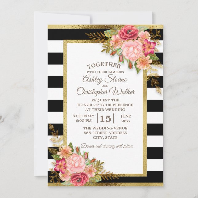 Black White Pink Red Floral Gold Wedding Invitation (Front)