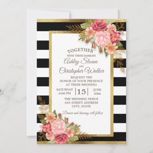 Black White Pink Red Floral Gold Wedding Invitation