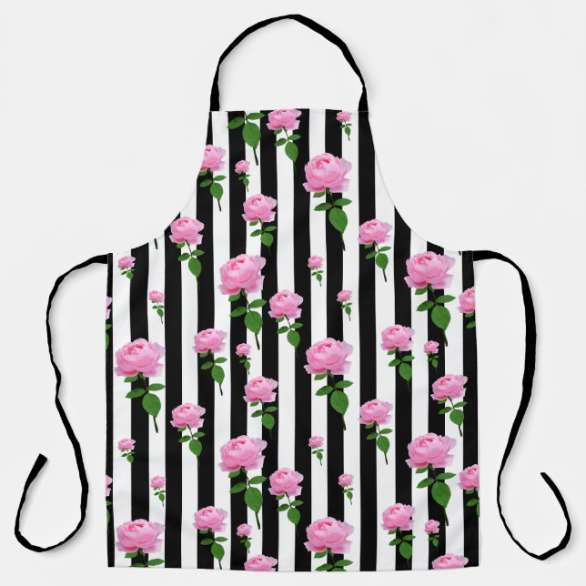 Black White Pink Rose Flower Stripes Lines Apron (Front)