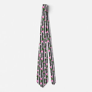 Black White Pink Rose Flower Stripes Lines Neck Tie