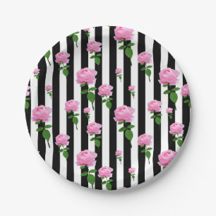 Black White Pink Rose Flower Stripes Lines Paper Plates