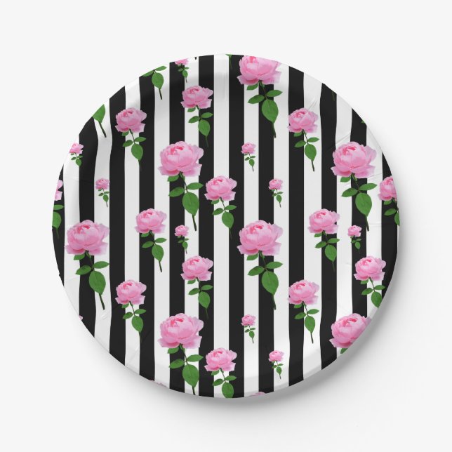 Black White Pink Rose Flower Stripes Lines Paper Plates (Front)