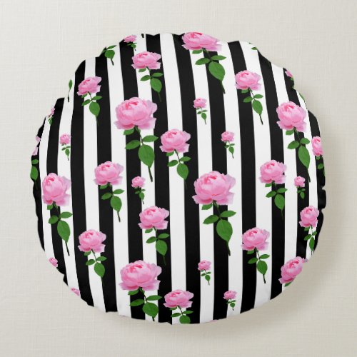 Black White Pink Rose Flower Stripes Lines Round Pillow