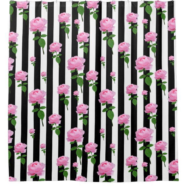 Black White Pink Rose Flower Stripes Lines Shower Curtain (Front)