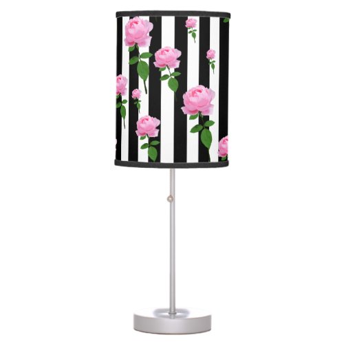Black White Pink Rose Flower Stripes Lines Table Lamp