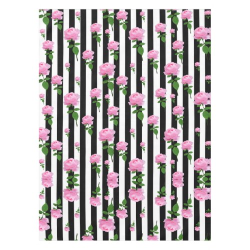 Black White Pink Rose Flower Stripes Lines Tablecloth