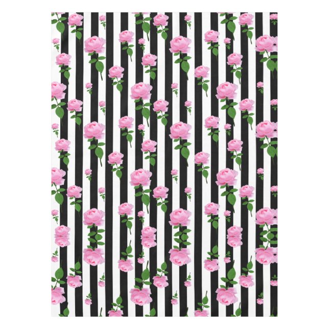 Black White Pink Rose Flower Stripes Lines Tablecloth (Front)