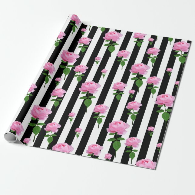 Black White Pink Rose Flower Stripes Lines Wrapping Paper (Unrolled)