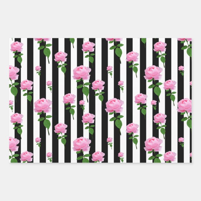 Black White Pink Rose Flower Stripes Lines Wrapping Paper Sheets (Front)