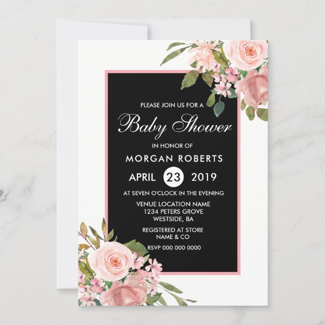 Black White Pink Rose Gold Flowers Baby Shower Invitation (Front)