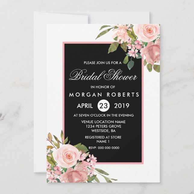 Black White Pink Rose Gold Flowers Bridal Shower Invitation (Front)