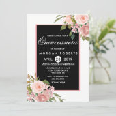 Black White Pink Rose Gold Flowers Quinceanera Invitation (Standing Front)