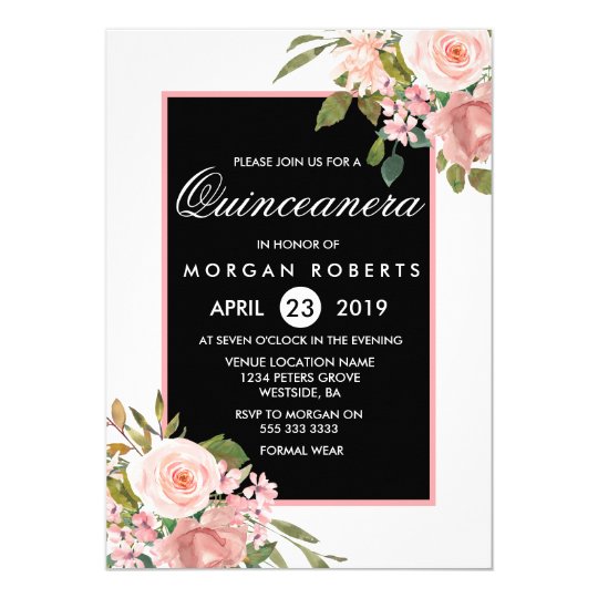 Black White Pink Rose Gold Flowers Quinceanera Invitation | Zazzle.com