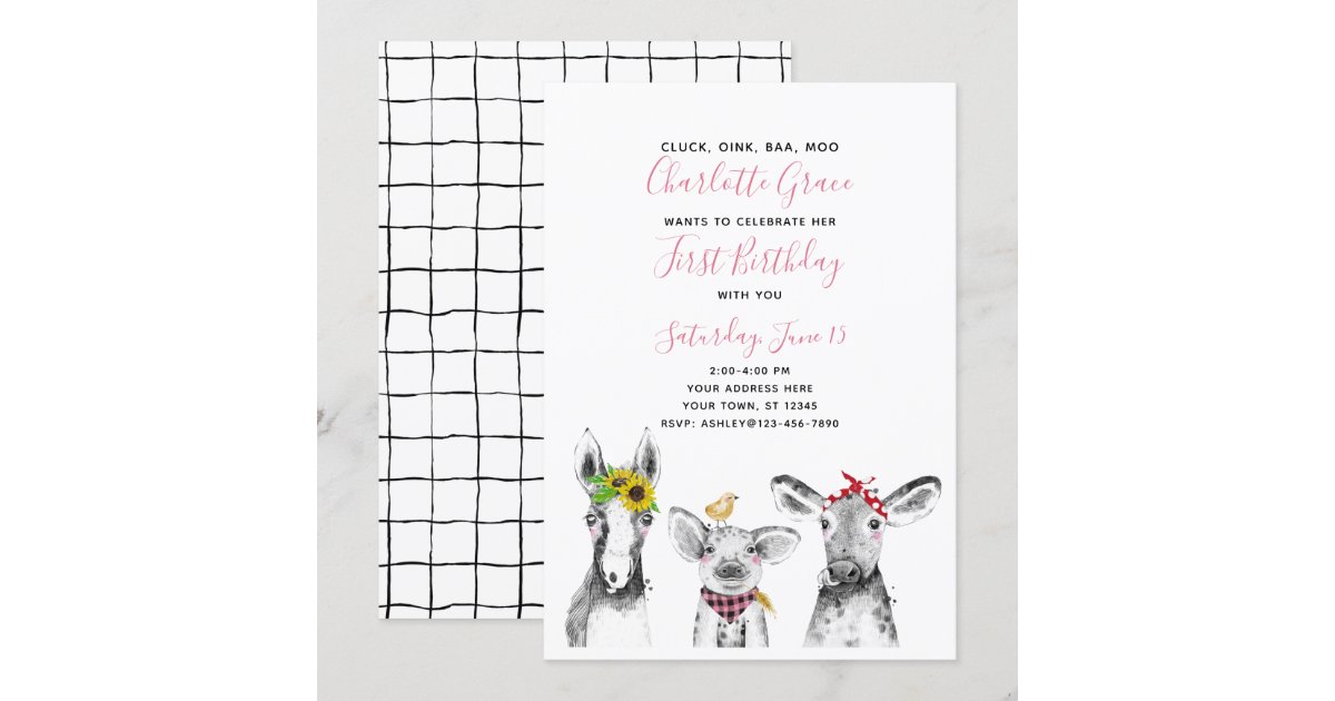 Black White Pink Script Farm 1st Birthday Party Invitation Zazzle Com