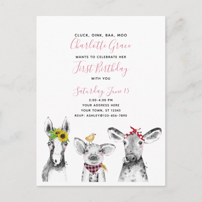 Black White Pink Script Farm Birthday Invitation (Front)