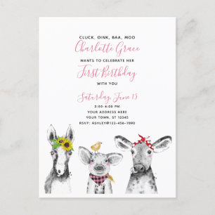 Black White Pink Script Farm Birthday Invitation Postcard