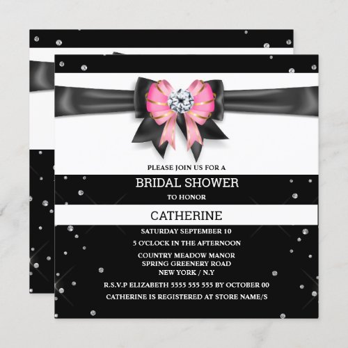 Black white pink stripe glitter bow sparkle invitation