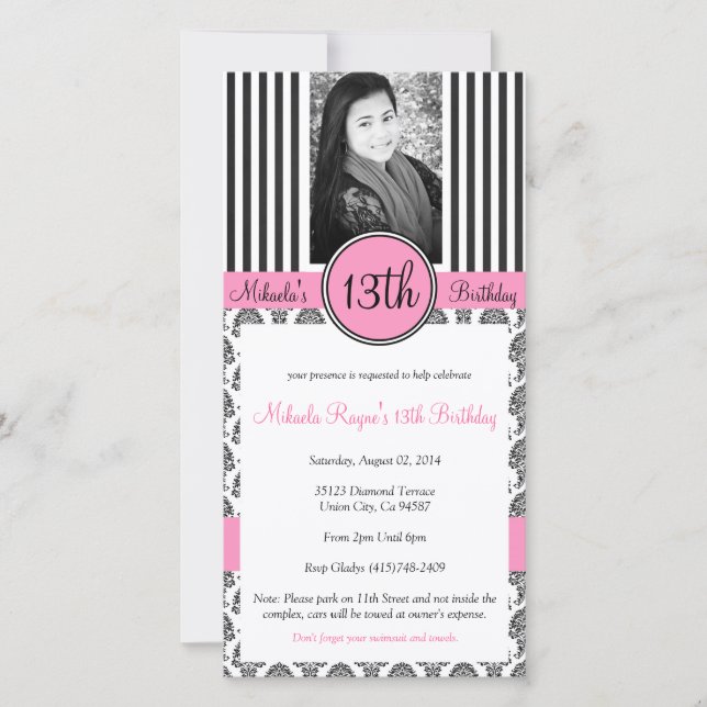 Black, White & Pink Stripe Invite (Front)