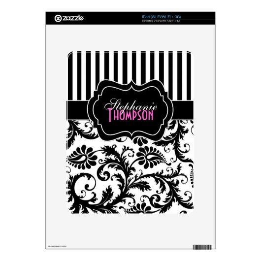 Black White Pink Striped Damask iPad 1 Skin (Product)