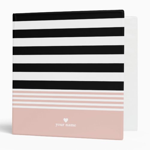 Black White  Pink Striped Personalized 3 Ring Binder