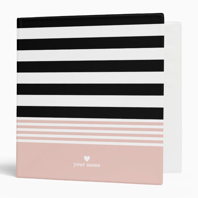 Black, White & Pink Striped Personalized 3 Ring Binder (Front/Inside)