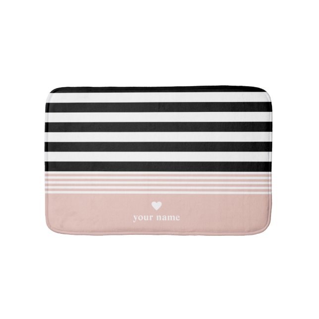 Black, White & Pink Striped Personalized Bath Mat (Front)